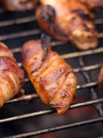 Honey Mustard Glazed Bacon Wrapped Chicken Bites Ready to be Removed from the BGE.