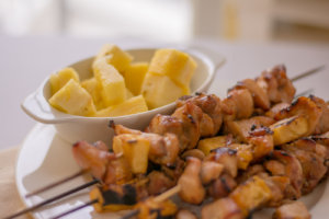 Hawaiian Chicken Kebabs with Fresh Pineapple Ready for Eating