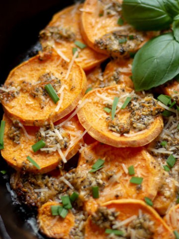 Grilled Parmesan Sweet Potatoes topped with Chives and Basil