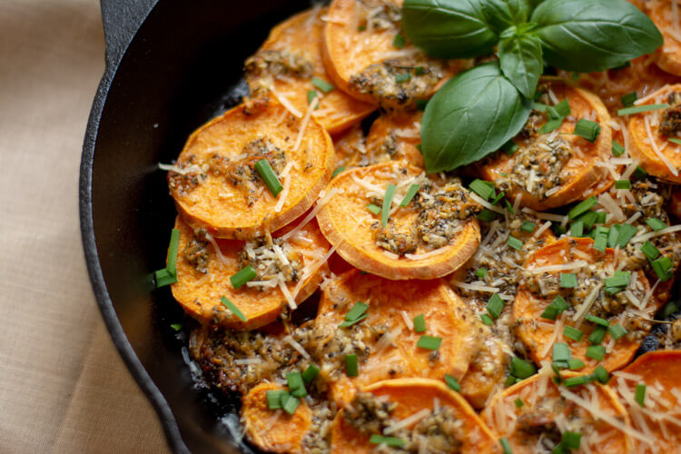 Grilled Parmesan Sweet Potatoes topped with Chives and Basil