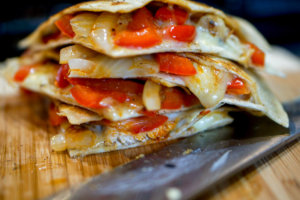 Grilled Chicken Fajita Quesadilla cut and ready to be served