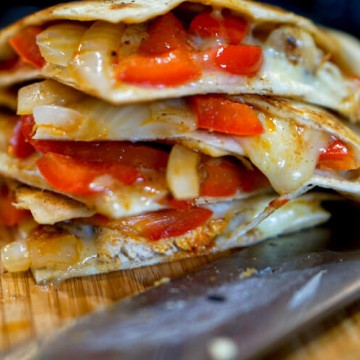Grilled Chicken Fajita Quesadilla cut and ready to be served