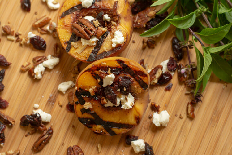 Grilled Peaches with Goat Cheese Pecans and Cranberries