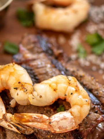 Grilled Steak and Shrimp Heart on a cutting board