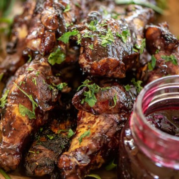 Blueberry Pomegranate Chicken Wings with Jar of leftover BBQ Sauce