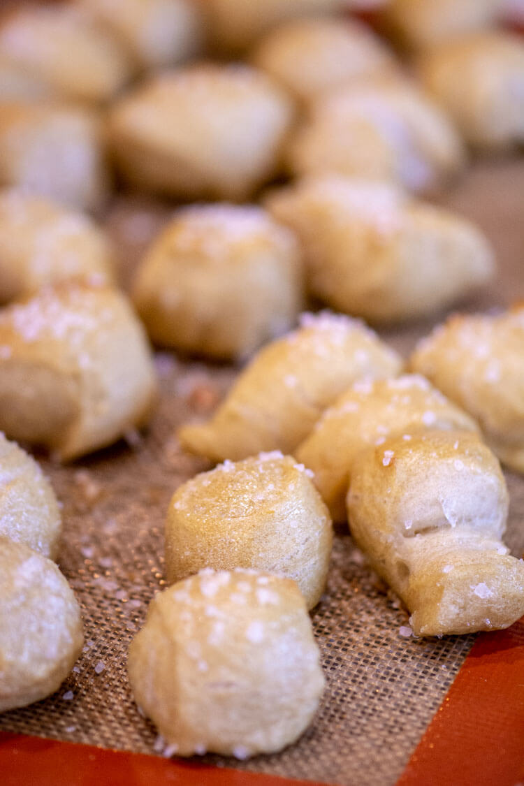 Sprinkled with Coarse Sea Salt, these baked soft pretzel bites are hot and ready for dipping!