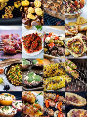 Collage of sixteen images of grilled appetizers.