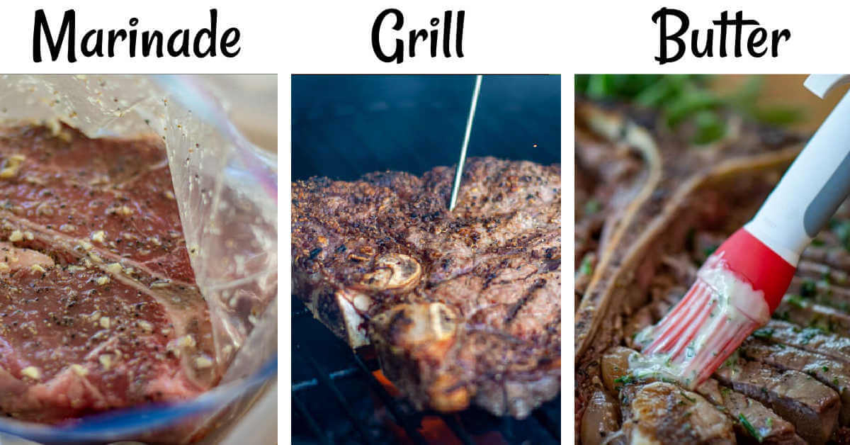 three photos showing the steps to prepare the porterhouse. One photo is in the marinating bag, one photo is grilling and the last photo is brushing on the melted butter.
