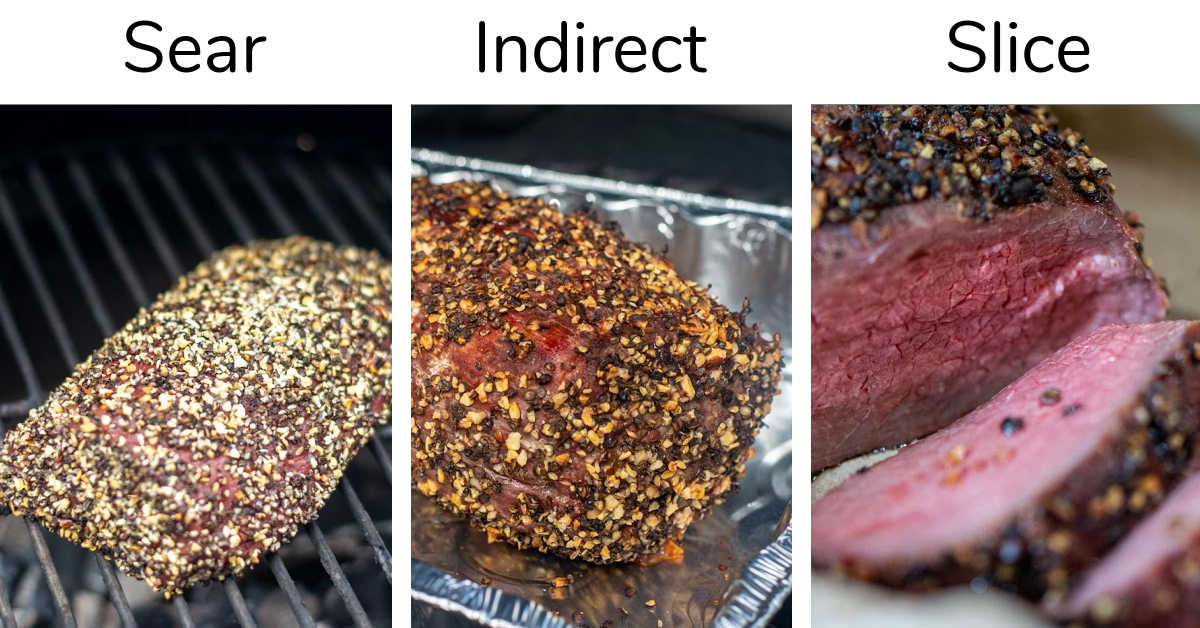 three steps for a medium to medium rare temperature eye of round roast on the grill. Sear the outside, add it to disposable pan for indirect heat and then remove and serve