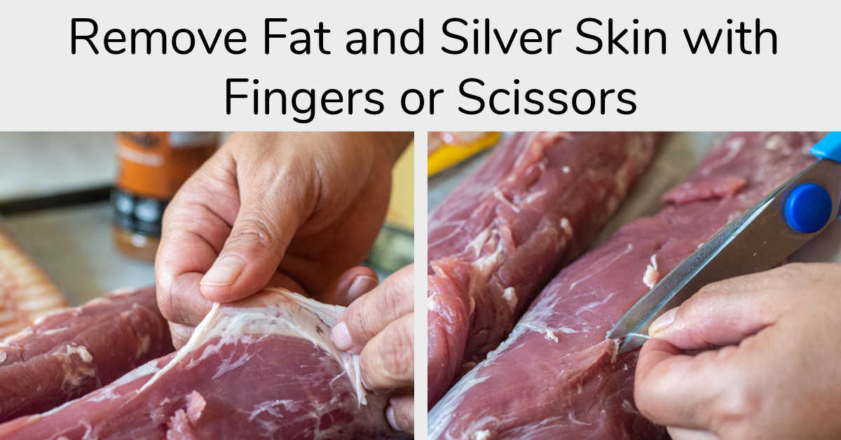 two photos showing how to trim the fat and silver skin from the pork loin