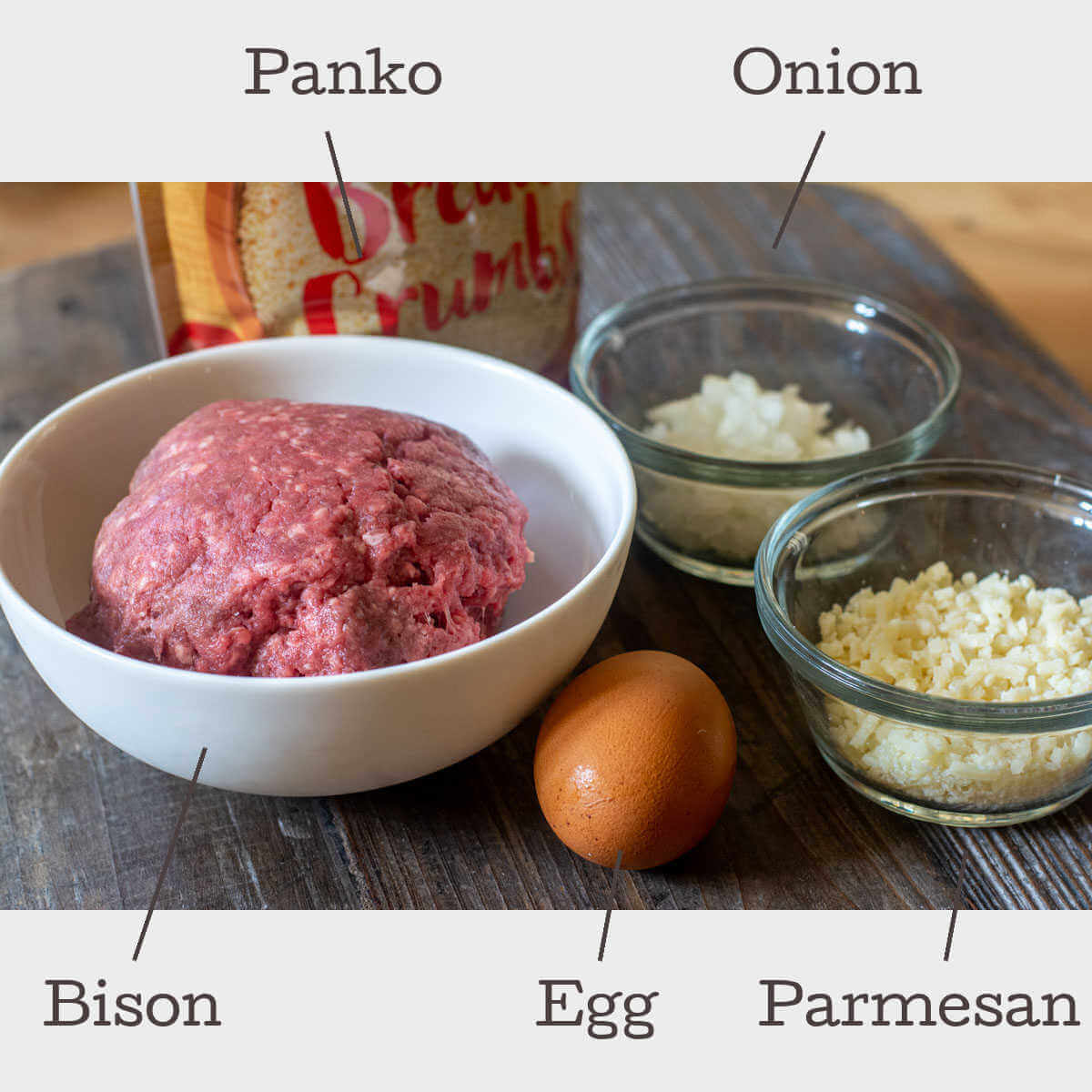 ingredients with labels for making the meatballs.
