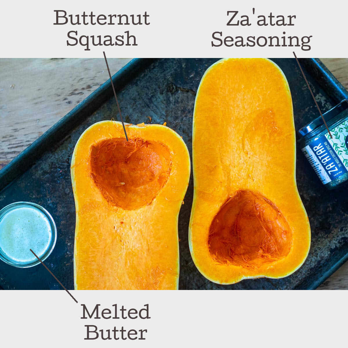 three ingredients for the butternut squash with labels