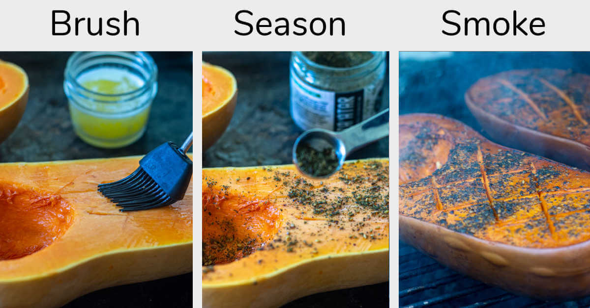 three photos showing the process of scoring and brushing the squash with butter, seasoning it, and then smoking it