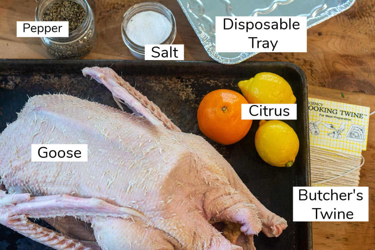 ingredients for the goose including citrus, butcher's twine, salt, pepper and the plucked goose.