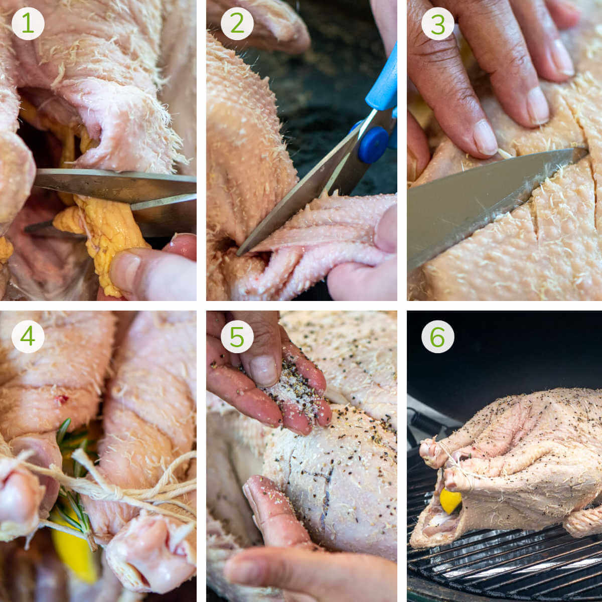 six steps showing how to cut the excess fat and skin off of a goose, score the skin, season and grill it.