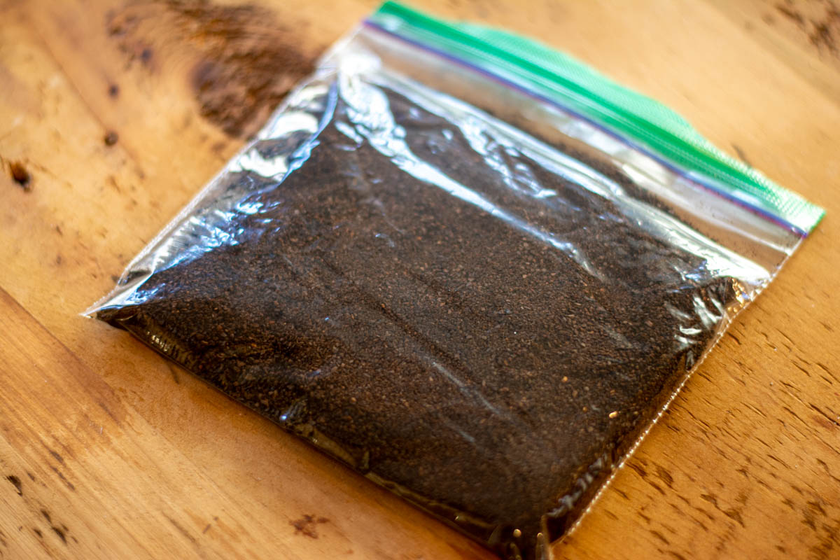 coffee grounds in a Ziploc bag to rest.