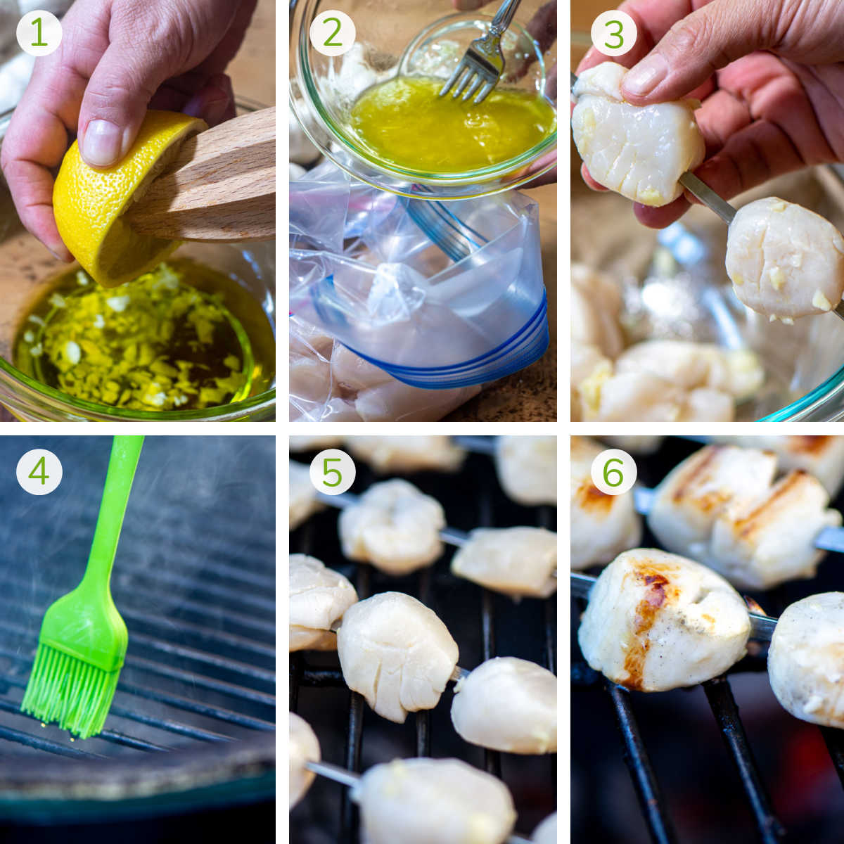 six process photos showing making the marinade, adding the scallops to the Ziploc bag, adding them to skewers, and then preparing and grilling.