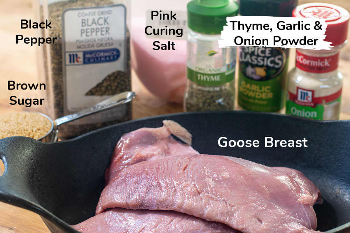 ingredients for the curing mixture and the goose breast.