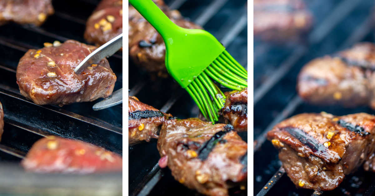 three photos showing adding the steak tips to the grill, brushing it with the reserve and removing them.