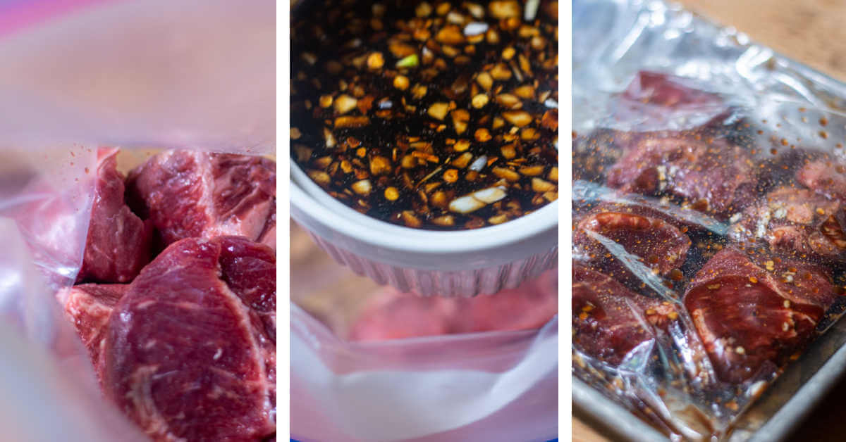 photos showing adding the steak to a Ziploc bag, adding the marinade and covering the steaks.