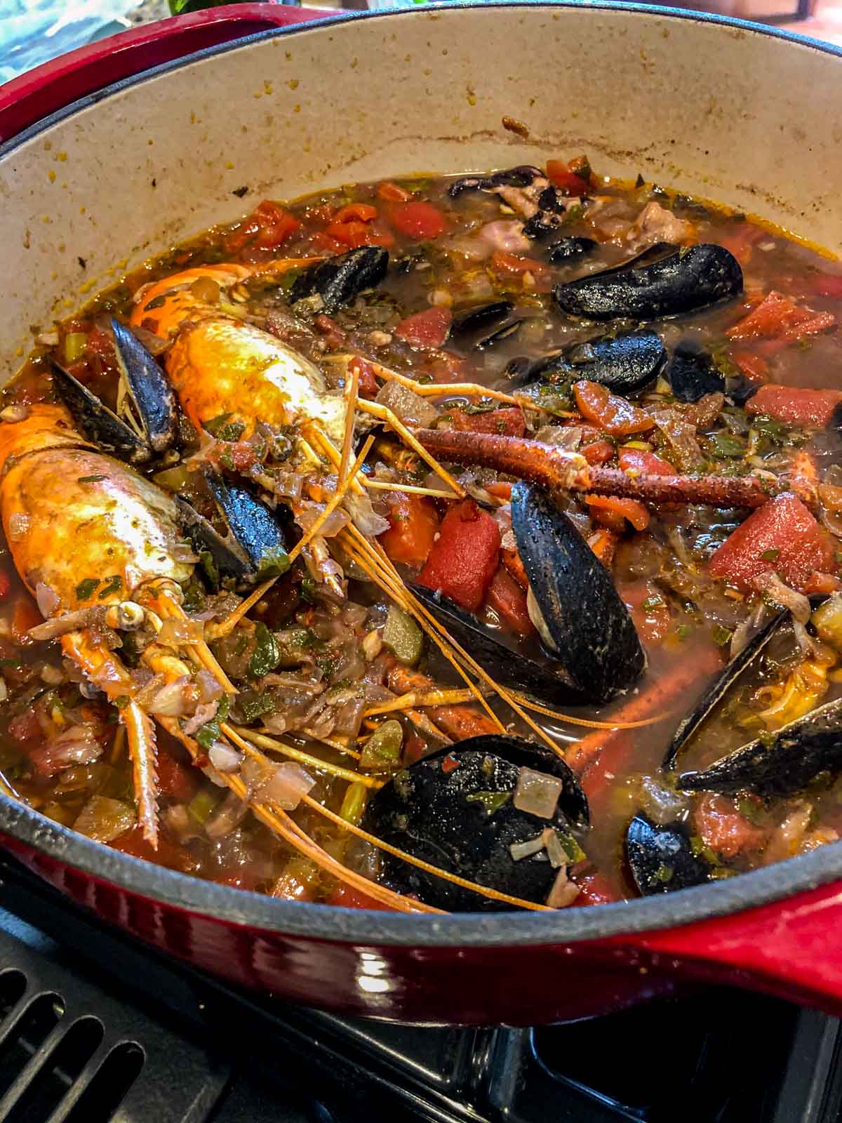 rich tuscan seafood stew loaded with fresh fish and shellfish in a dutch oven.