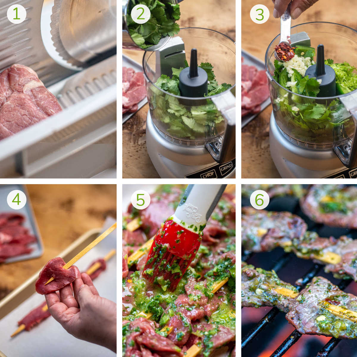 process photos showing slicing the steak, making the sauce, threading it on to the skewer and grilling.