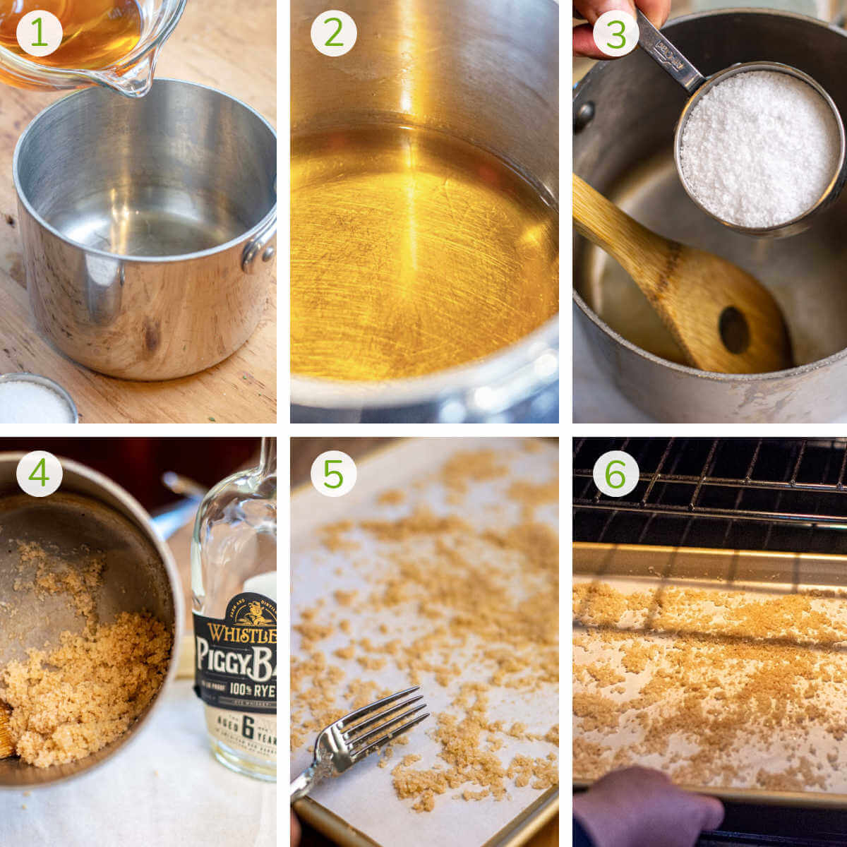 process photos showing pouring the bourbon, reducing it on the stovetop, adding the salt and adding to a low temp oven to dry.