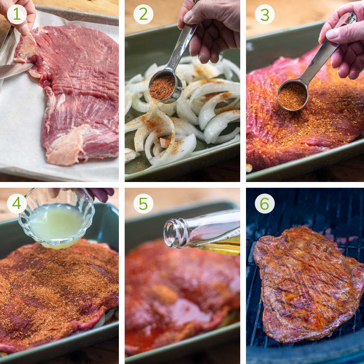 simple process photos showing how to marinate and then grill the flank steak.