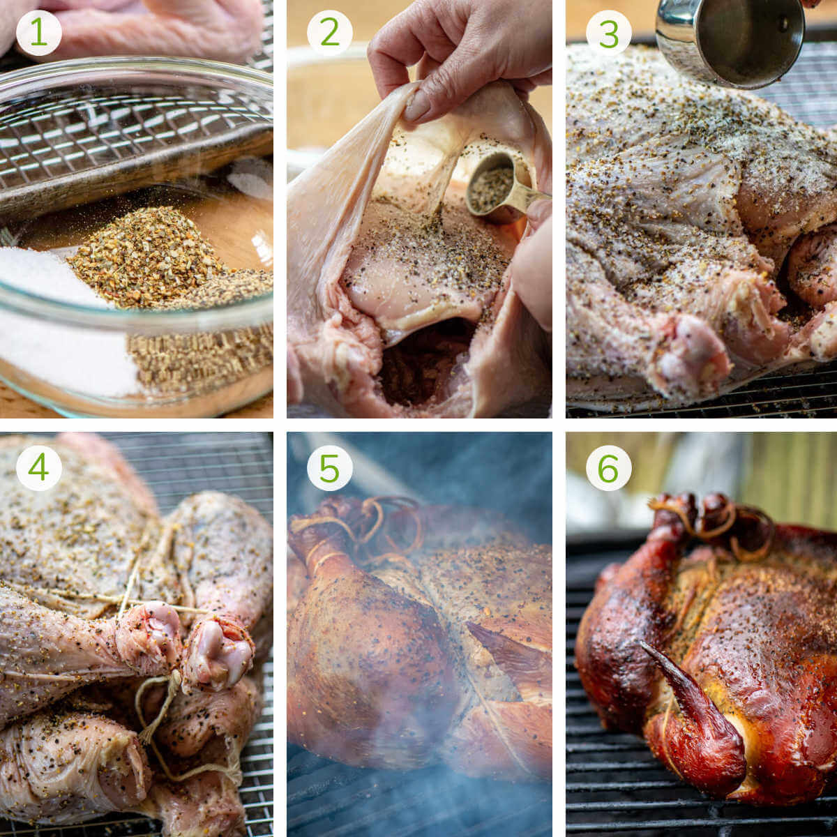 process photos showing making the dry brine, mixing it under the skin and on top, trussing the bird and smoking it.