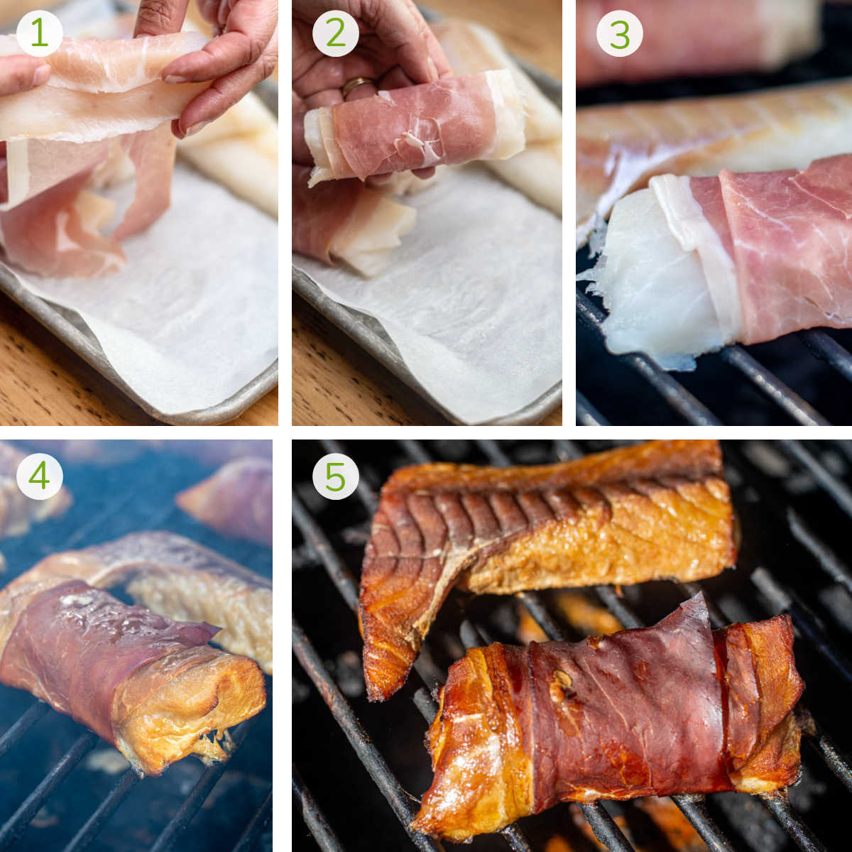process photos showing how to slice and wrap a piece of cod, place it on the grill and smoke it.