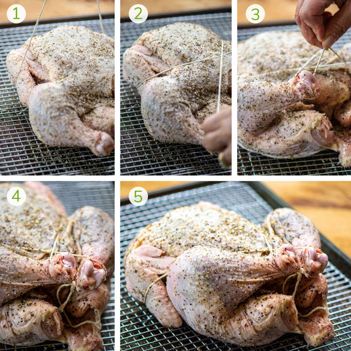 five process photos showing how to truss a whole chicken for brining and smoking.