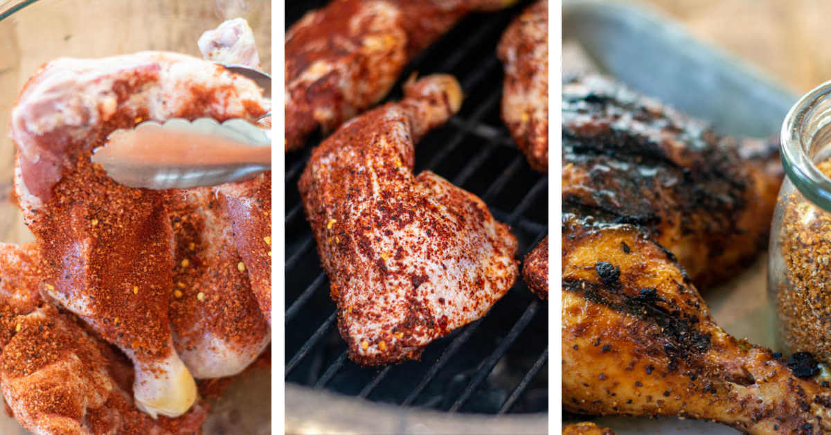 three process photos showing how to toss the quarters with a dry rub, grilling and then serving.