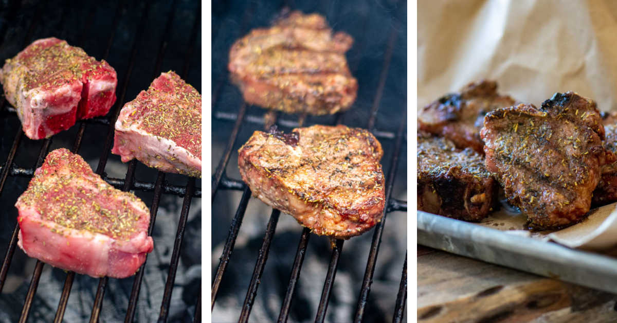 three photos showing how to make the grilled lamb chops over direct heat, coated with fresh rosemary, and on the sheet pan for serving.