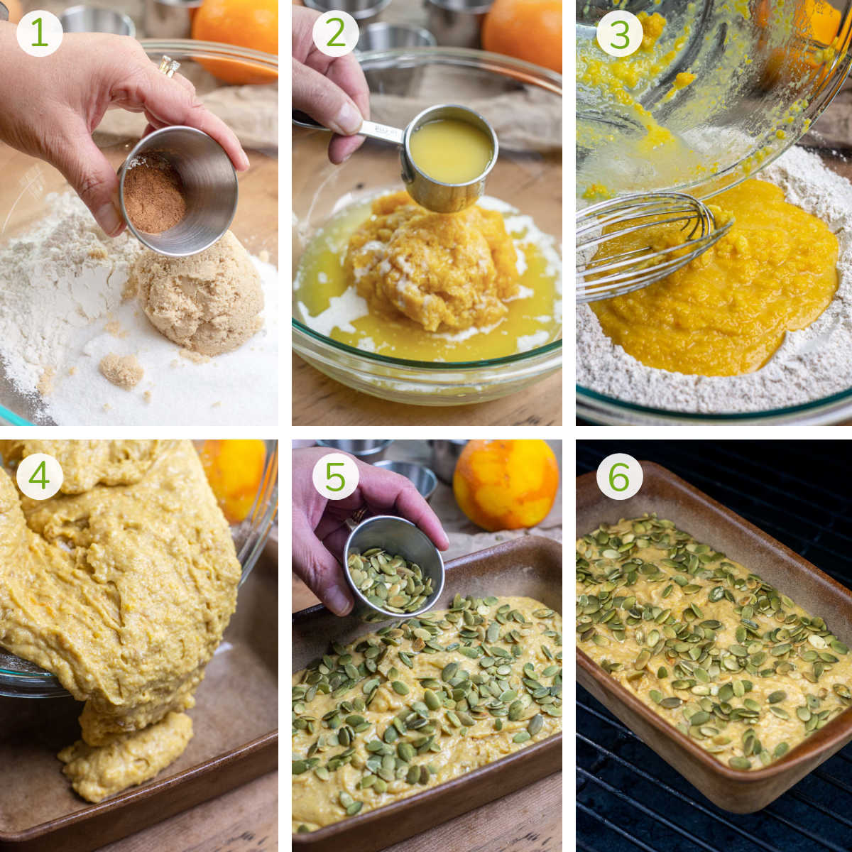 six photos showing the process to mix the dry ingredients, then the wet ingredients, folding them together and grilling.