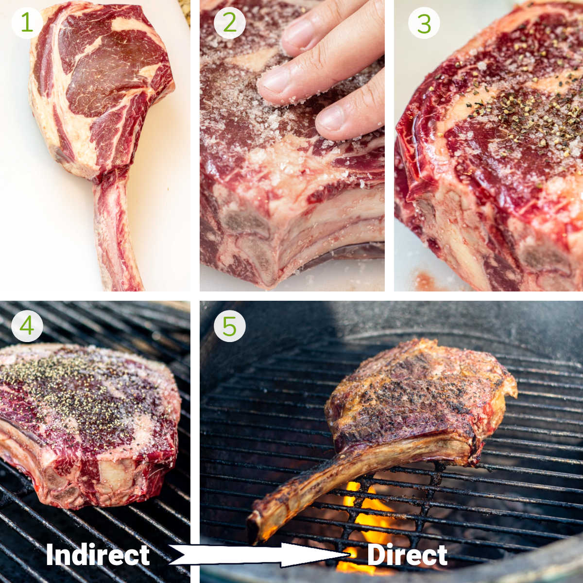 process photos showing the trimmed ribeye, adding salt and pepper, and then grilling from indirect to direct heat.