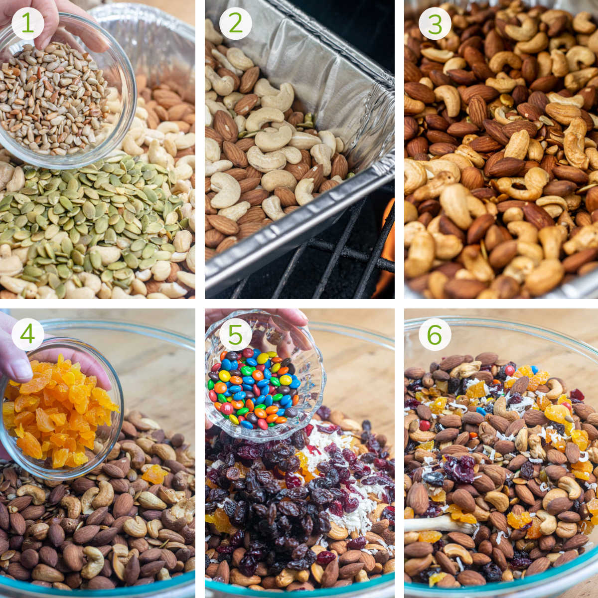 instruction photos showing mixing the seeds and nuts, smoking them, adding in dried fruit, chocolate and mixing.