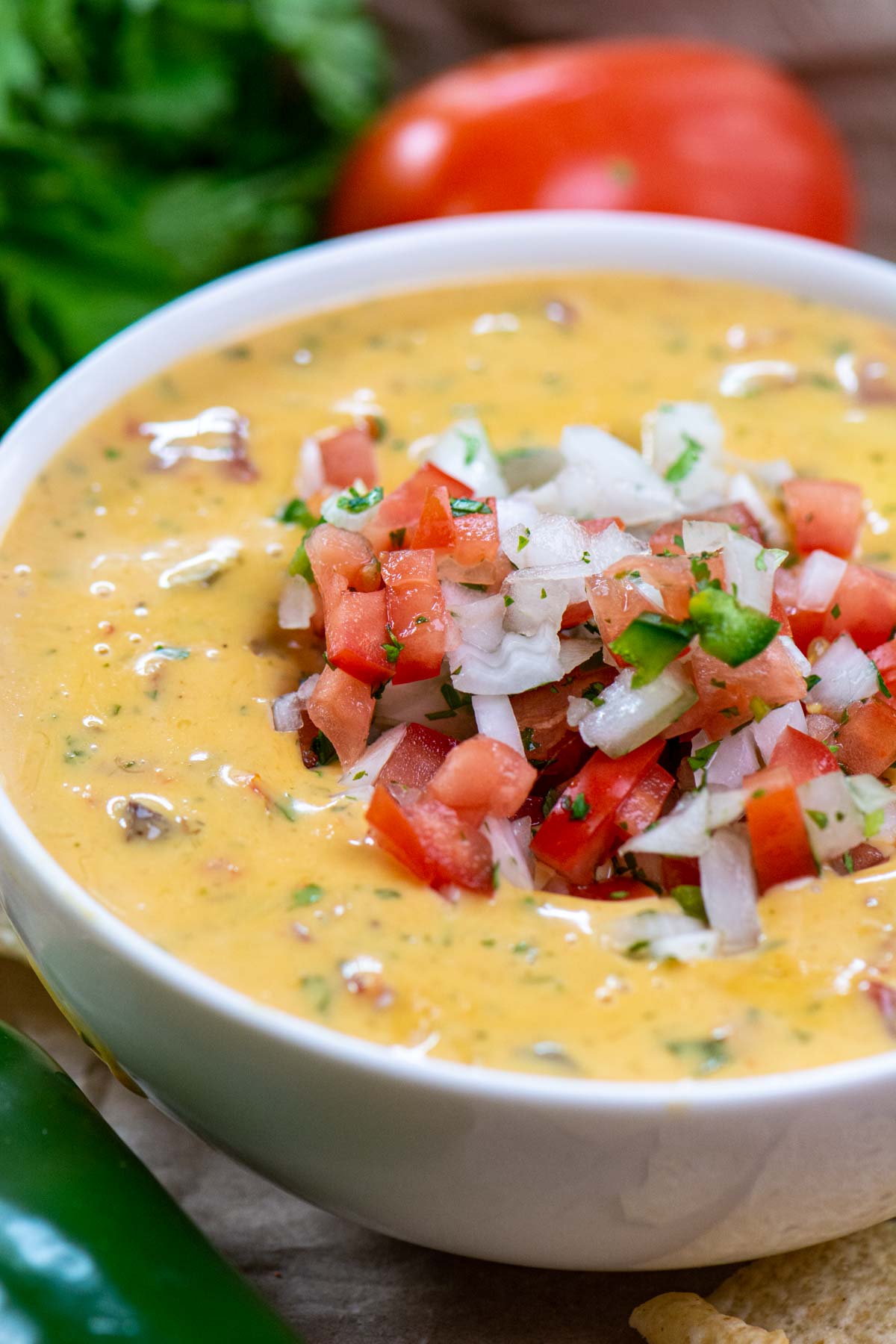 bowl of queso topped with fresh chopped vegetables and tomatoes, cilantro and jalapeño on the table.
