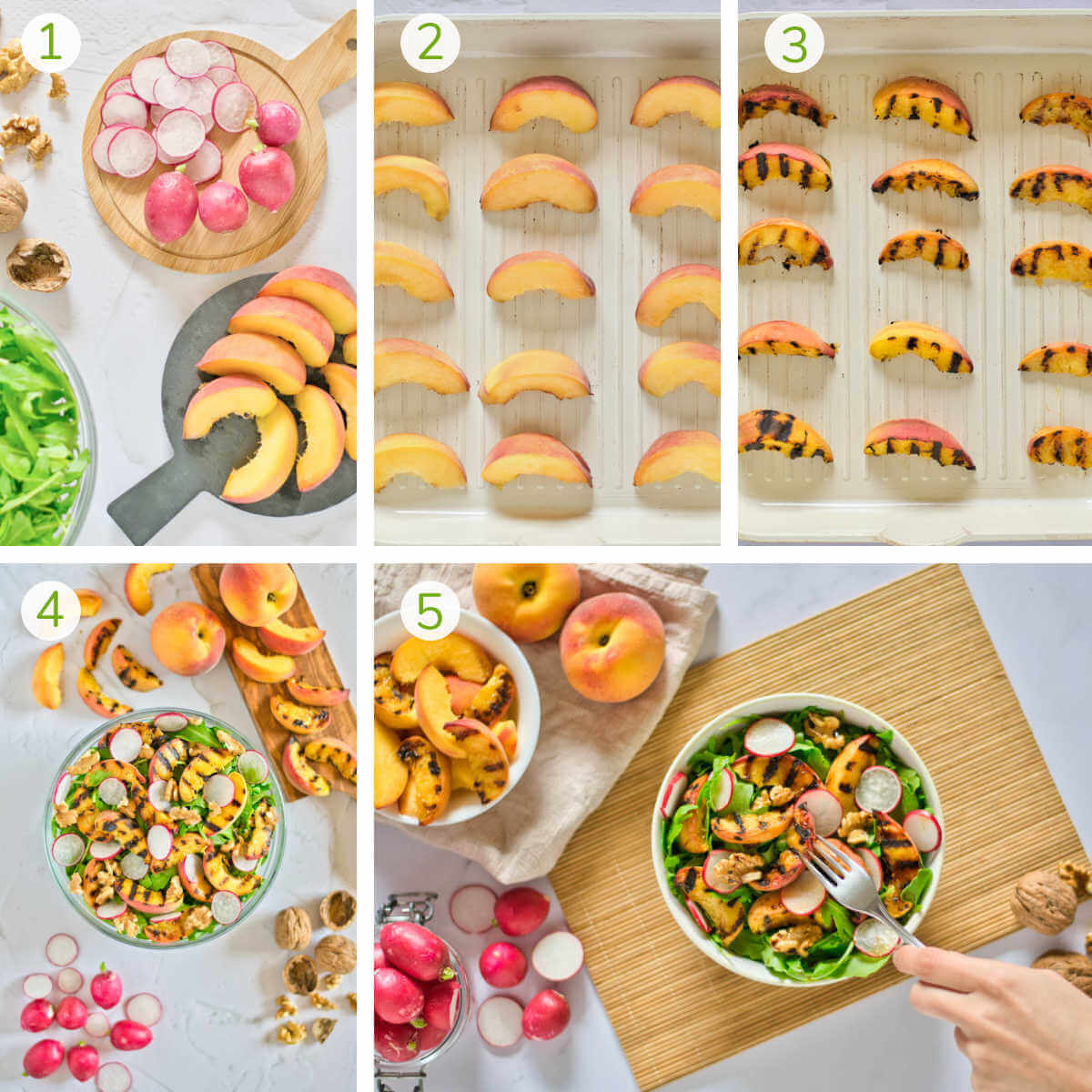 instruction photos showing how to prep the meal, grill the peaches and assemble the salad.