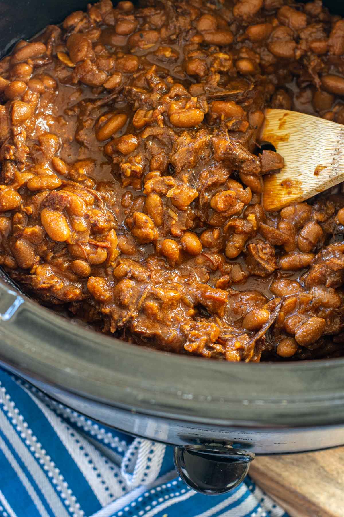 baked beans in the slow cooker after they have thickened.