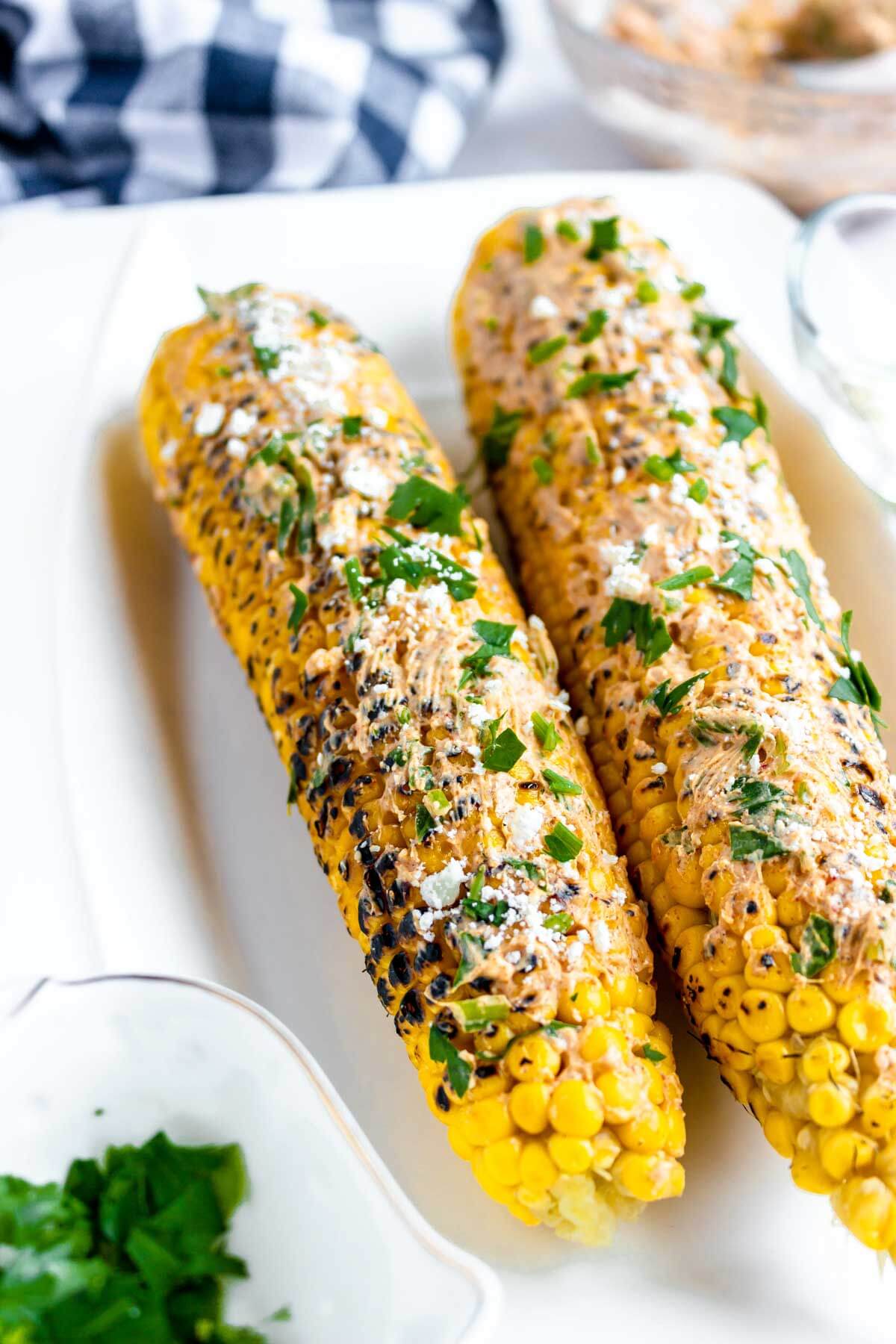 grilled corn on the cob with the sour cream and mayo topping.
