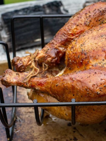 closeup showing the legs trussed together on the turkey.