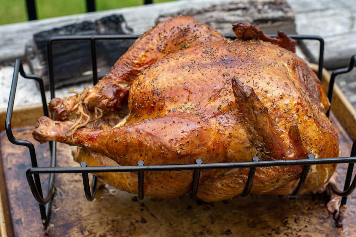 grilled whole turkey in a rib rack with the legs trussed after being removed from the big green egg.