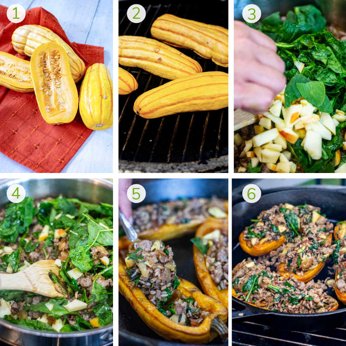 several process photos showing how to slice the squash in half, grill it, make the stuffing and finish it.
