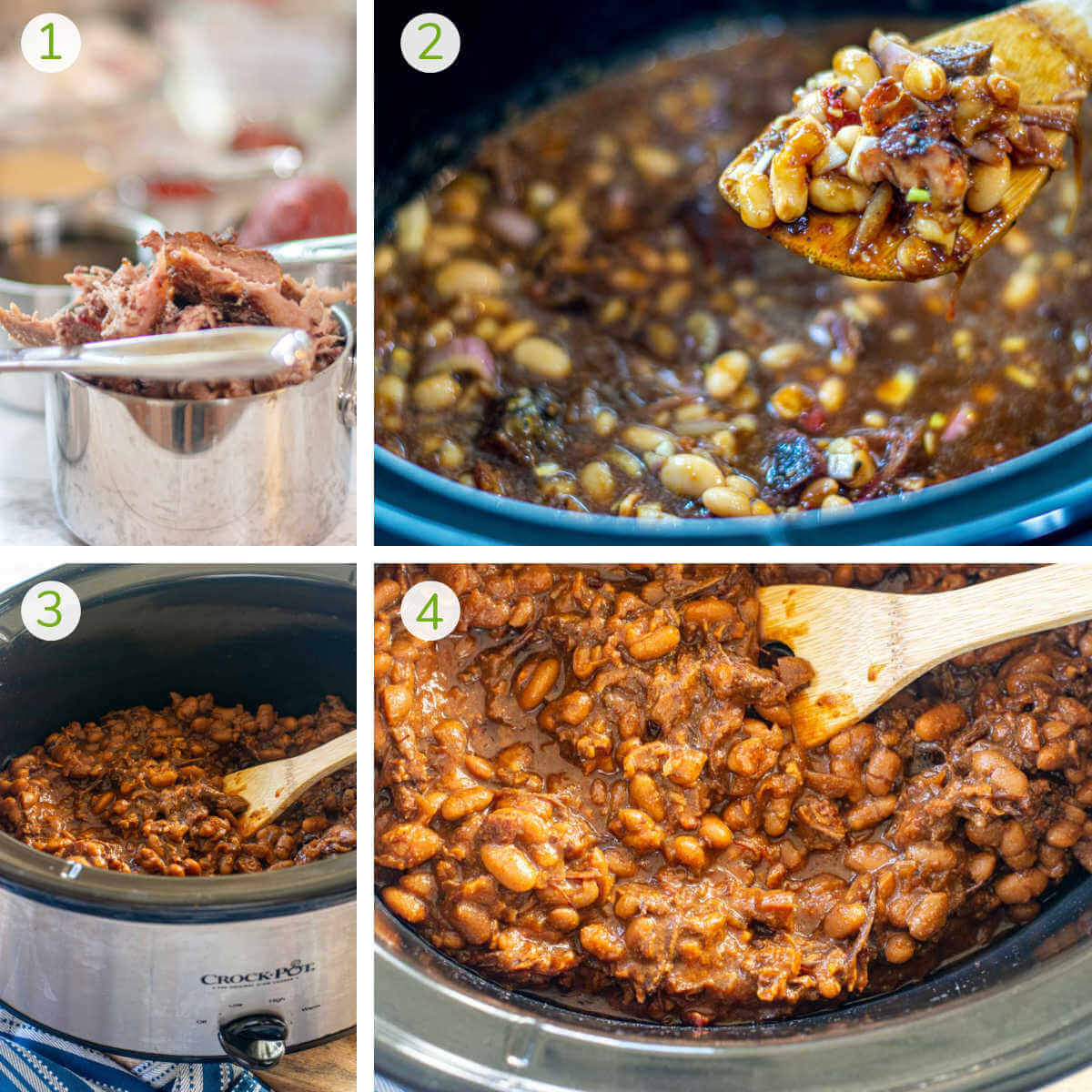 several process photos showing how to shred the brisket, add the ingredients to the slow cooker and then let it cook on low tmeperature.
