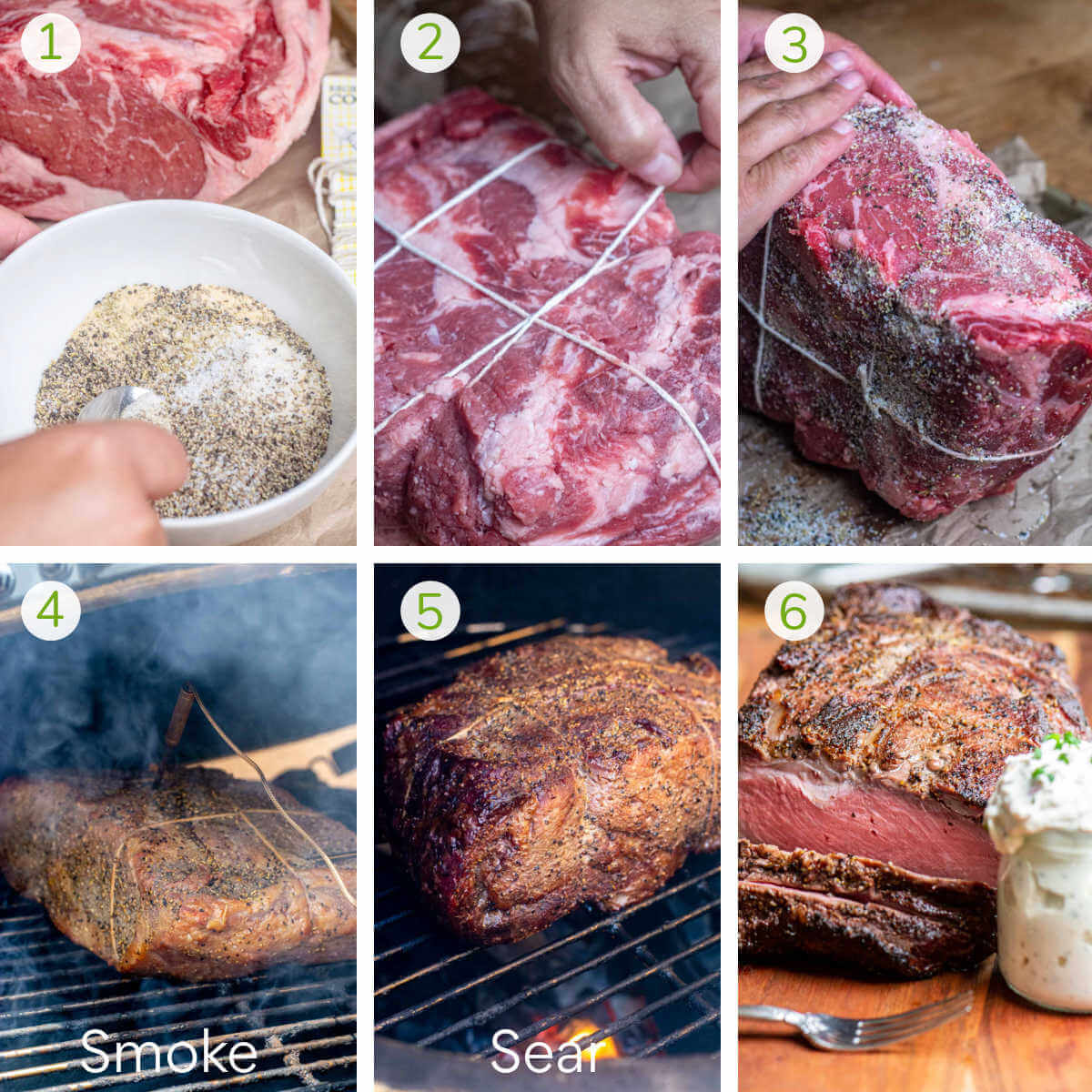 process photos showing making the seasoning, trussing the roast, smoking, searing and then slicing the prime rib.