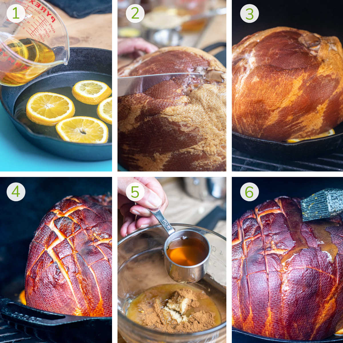 six process photos showing scoring the ham, smoking it, making the glaze and brushing it on the ham.