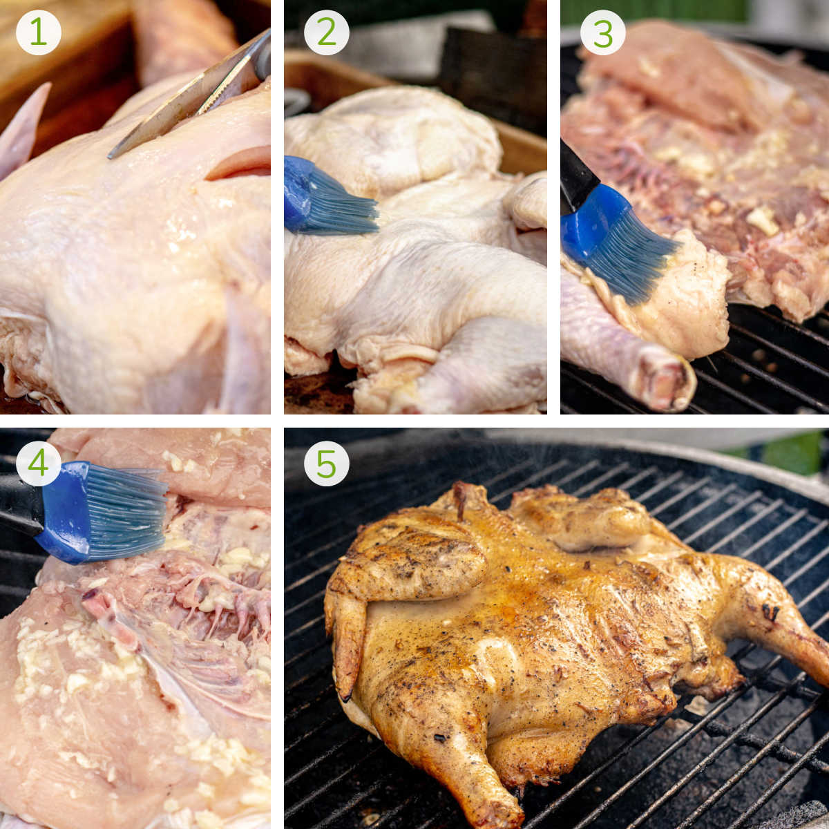process photos showing how to cut the chicken breast, brushing both sides with a garlic butter and then grilling the chicken flat.