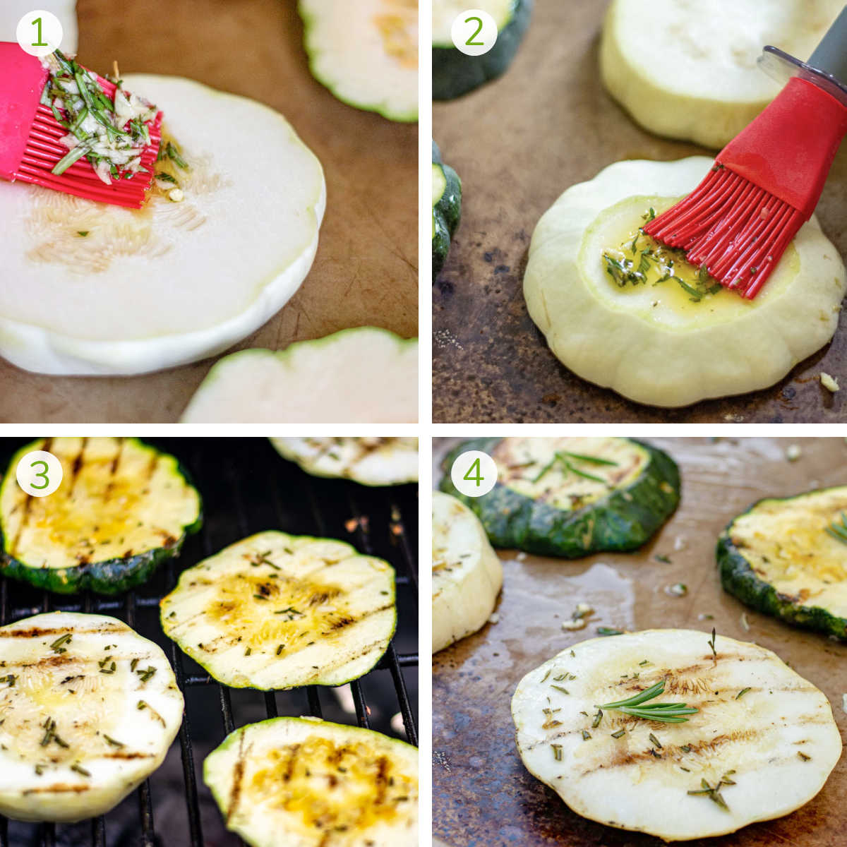 four photos show the instructions to brush the squash, placing it on the grill and then serving.