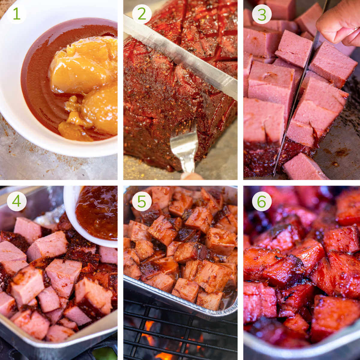 six provess photos showing how to make the sauce, slice and season the bologna, grill and serve.