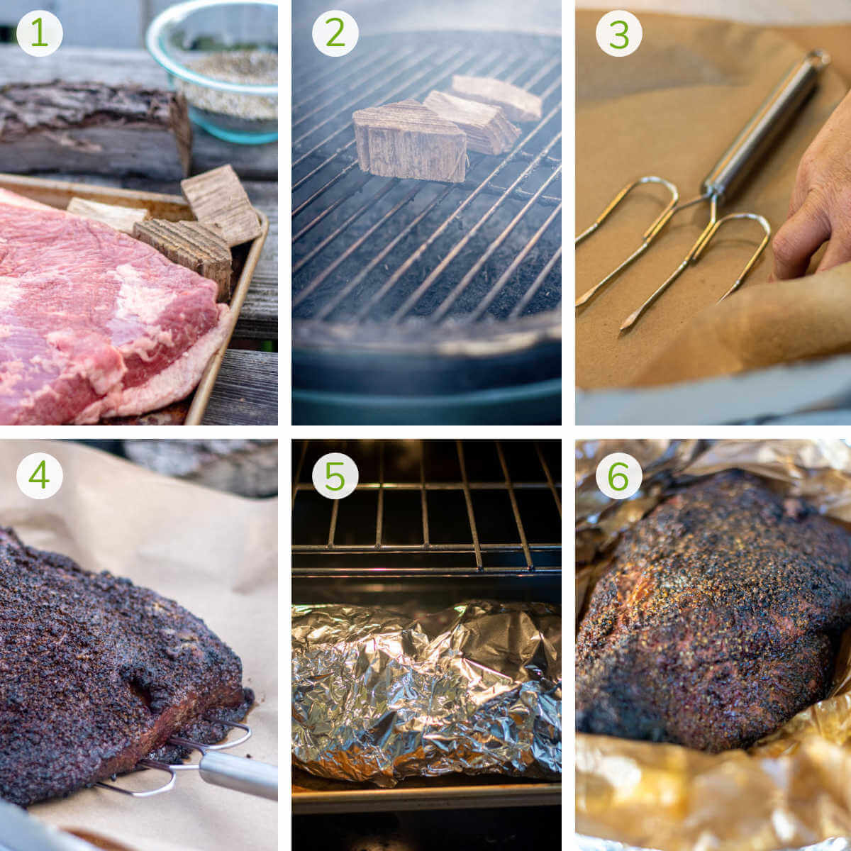 six process photos showing trimming the meat, smoking it, wrapping it, finishing in the oven and serving.